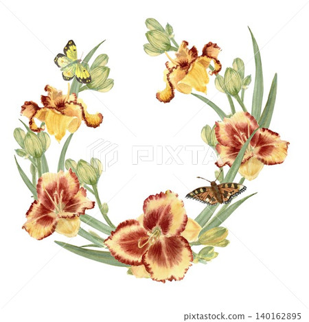 A hand-painted watercolor round wreath of red and yellow daylily flowers with green leaves, buds, and butterflies on an isolated background. The plant illustration includes space for text. A hand-painted watercolor round wreath of red and yellow daylily flowers with green leaves, buds, and butterflies on an isolated background. The plant illustration includes space for text. 140162895