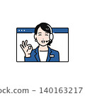 一幅簡單的向量插圖，描繪了一位年輕的女導航員在網路上做出「OK」手勢。 140163217
