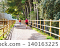 People walking and jogging along the path by the reservoir in the Sant Llorenc de Montgai Nature Reserve, Noguera region, Lleida, Catalonia 140163225