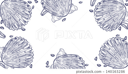 A rectangular vector frame of scallop-shaped seashells. All objects are hand-drawn with ink. The monochrome ink background is perfect for summer holiday decor and coastal settings. 140163286
