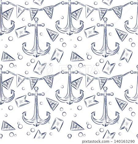 A seamless vector pattern with a nautical anchor and flags for a festive garland. A nautical-themed background for wallpaper, textiles, wrapping paper, and stationery in a blue color scheme. A seamless vector pattern with a nautical anchor and flags for a festive garland. A nautical-themed background for wallpaper, textiles, wrapping paper, and stationery in a blue color scheme. 140163290