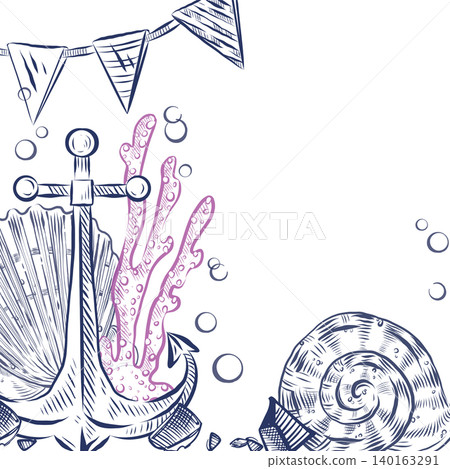 A nautical-themed vector frame with an anchor, shell, coral, and flags. Hand-drawn in ink, perfect for invitation designs or backgrounds, or for printing on fabric or paper. A nautical-themed vector frame with an anchor, shell, coral, and flags. Hand-drawn in ink, perfect for invitation designs or backgrounds, or for printing on fabric or paper. 140163291