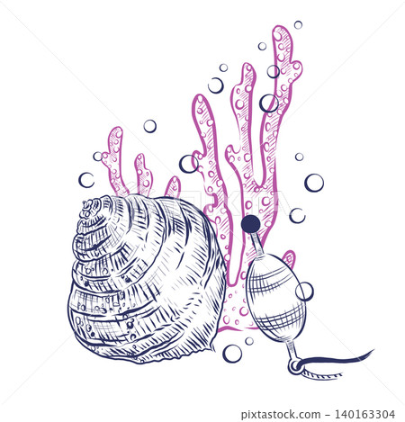 A vector composition featuring seashells, corals, and a fishing float. All objects are hand-drawn with ink. Suitable for summer vacation concepts and for designing packaging, products, and postcards. A vector composition featuring seashells, corals, and a fishing float. All objects are hand-drawn with ink. Suitable for summer vacation concepts and for designing packaging, products, and postcards. 140163304