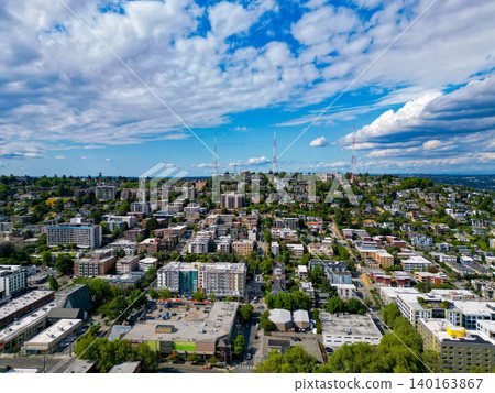 Architecture of metropolis city cityscape. Aerial view of Seattle landscape. Space needle aerial landscape. Panorama aerial Seattle cityscape. American modern Seattle district. Travel destination Architecture of metropolis city cityscape. Aerial view of Seattle landscape. Space needle aerial landscape. Panorama aerial Seattle cityscape. American modern Seattle district. Travel destination 140163867