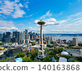 Seattle downtown skyline. Aerial majestic Seattle. Space Needle. Modern Seattle district, Elliott Bay. Architecture of aerial Space needle. Aerial view of Seattle with Space Needle tower, Washington 140163868