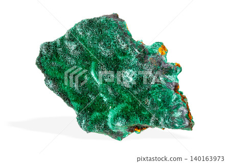 Vibrant green malachite crystal specimen with rich banding patterns isolated on white background Vibrant green malachite crystal specimen with rich banding patterns isolated on white background 140163973