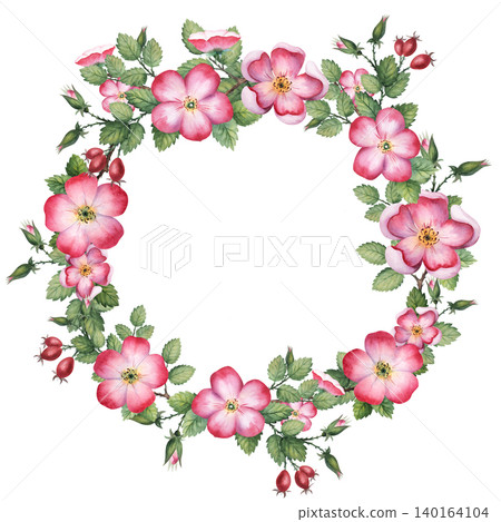 Watercolor rosehip wreath illustration with pink flowers, green leaves and red berries. Hand painted isolated on background Watercolor rosehip wreath illustration with pink flowers, green leaves and red berries. Hand painted isolated on background 140164104