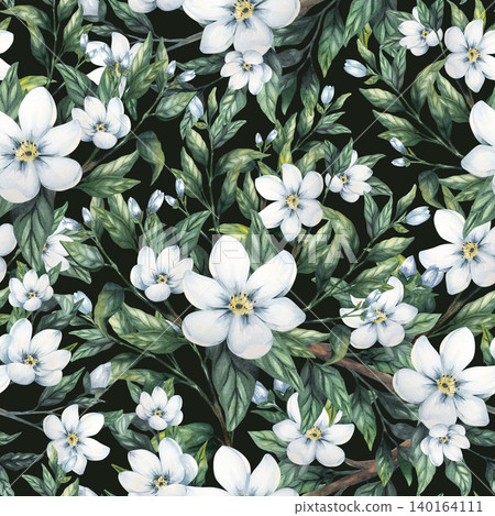 Seamless watercolor pattern with jasmine branches, white flowers, green leaves on dark background. Hand painted botanical design Seamless watercolor pattern with jasmine branches, white flowers, green leaves on dark background. Hand painted botanical design 140164111