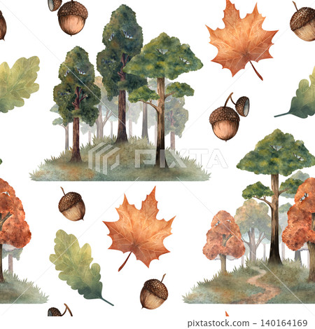 Seamless watercolor forest pattern with trees, leaves and acorns, hand painted botanical illustration. Perfect for fabric, wallpaper, packaging, wrapping paper and nature themed designs Seamless watercolor forest pattern with trees, leaves and acorns, hand painted botanical illustration. Perfect for fabric, wallpaper, packaging, wrapping paper and nature themed designs 140164169