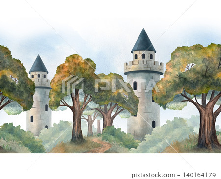 Seamless watercolor forest border with trees and castle towers, hand painted fantasy landscape illustration. Perfect for storybook scenes, children's design, backgrounds, prints and magical themes Seamless watercolor forest border with trees and castle towers, hand painted fantasy landscape illustration. Perfect for storybook scenes, children's design, backgrounds, prints and magical themes 140164179