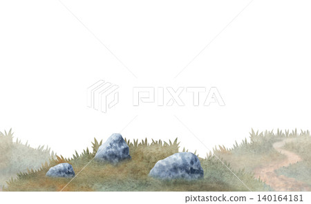 Seamless watercolor grass border with stones and path, hand painted natural illustration. Ideal for backgrounds, landscape compositions, children's design, prints and outdoor themed projects 140164181