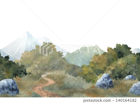Seamless watercolor forest border with mountains, trees and path, hand painted landscape illustration. Perfect for backgrounds, children's books, prints, packaging and nature themed design 140164182