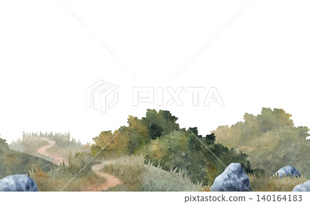 Seamless watercolor grass border with stones and path, hand painted natural illustration. Ideal for backgrounds, landscape compositions, children's design, prints and outdoor themed projects 140164183