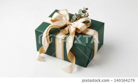 Gift box wrapped in dark green paper with elegant beige ribbon wrapping celebration birthday christmas surprise decorative occasion contrast background anniversary sophisticated 140164279