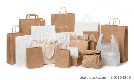 Collection of various paper and plastic shopping bags with shopping consumerism packaging delivery collection business commerce purchase assortment container carrying recycled environment 140164306