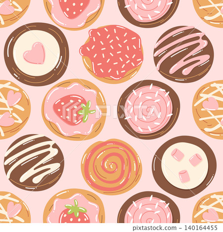 Strawberry pink dessert pattern with frosted pastries in cartoon style 140164455