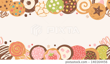 Top and bottom dessert border with assorted pastries and blank center Top and bottom dessert border with assorted pastries and blank center 140164456