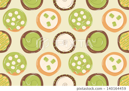 Green glazed pastry pattern with assorted sweets in cartoon style 140164459