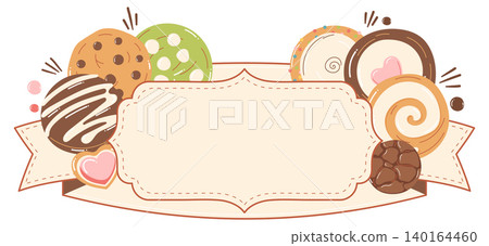 Horizontal bakery banner with blank label and dessert assortment Horizontal bakery banner with blank label and dessert assortment 140164460