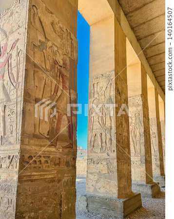 Beautiful interiors and ancient hieroglyphs in the Temple of Seti I in Abydos, Egypt. Beautiful interiors and ancient hieroglyphs in the Temple of Seti I in Abydos, Egypt. 140164507