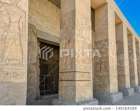 Beautiful interiors and ancient hieroglyphs in the Temple of Seti I in Abydos, Egypt. Beautiful interiors and ancient hieroglyphs in the Temple of Seti I in Abydos, Egypt. 140164509
