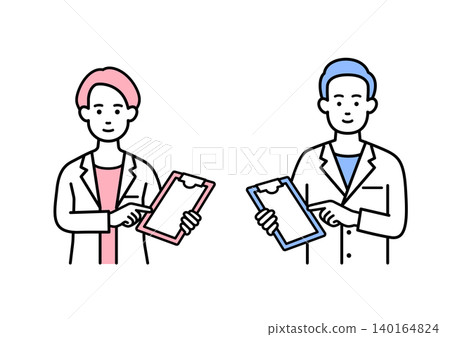 Male and female doctors checking a patient's medical record. Male and female doctors checking a patient's medical record. 140164824