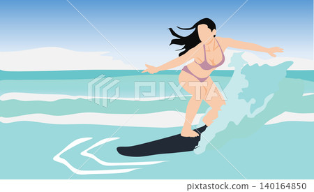 Illustration of a woman surfing on rough waves Illustration of a woman surfing on rough waves 140164850