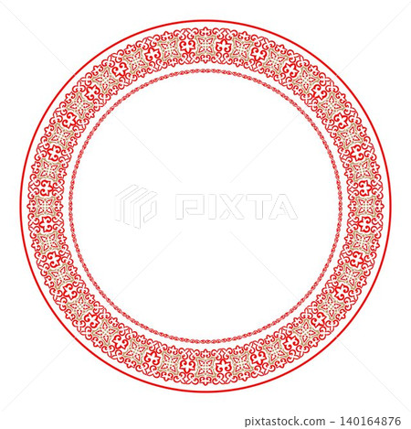 Golden red round frame. Traditional round Turkic ornament. Oriental red round pattern with arabesques. For ceramic, porcelain, embroidery, sandblasting, plate, laser. Islam, Indian, Ottoman motif. Golden red round frame. Traditional round Turkic ornament. Oriental red round pattern with arabesques. For ceramic, porcelain, embroidery, sandblasting, plate, laser. Islam, Indian, Ottoman motif. 140164876