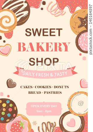 Sweet bakery shop sign with donuts and pastries in cartoon style Sweet bakery shop sign with donuts and pastries in cartoon style 140164897