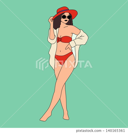 Stylish Woman in Red Bikini and Sun Hat Illustration Stylish Woman in Red Bikini and Sun Hat Illustration 140165361