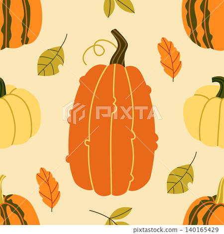 Autumn Pumpkin Seamless Pattern on Beige Background Autumn Pumpkin Seamless Pattern on Beige Background 140165429