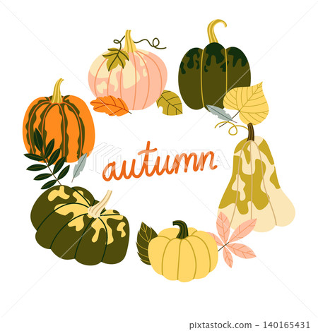 Autumn Pumpkin Wreath Vector Illustration Flat Geometric Fall Foliage Round Frame Autumn Pumpkin Wreath Vector Illustration Flat Geometric Fall Foliage Round Frame 140165431