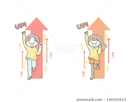 激勵人心!一組插圖,描繪了一個孩子舉起拳頭和一個向上指的箭頭。 激勵人心!一組插圖,描繪了一個孩子舉起拳頭和一個向上指的箭頭。 140165615