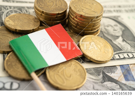 Italy flag on coin and banknote money, finance trading investment business currency. Italy flag on coin and banknote money, finance trading investment business currency. 140165639