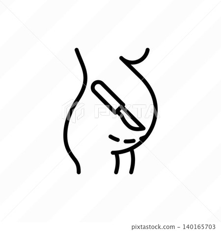 Cesarean section thin line icon. Scalpel near belly. Surgical operation for childbirth. Vector illustration. Cesarean section thin line icon. Scalpel near belly. Surgical operation for childbirth. Vector illustration. 140165703