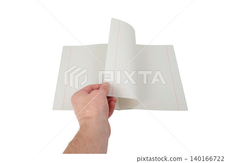a male hand holds the spread of an open checkered notebook in the center of the frame a male hand holds the spread of an open checkered notebook in the center of the frame 140166722