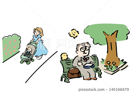 公園漫步與午餐插圖 | 嬰兒車、午餐時間和公園日常生活的圖片 140166879