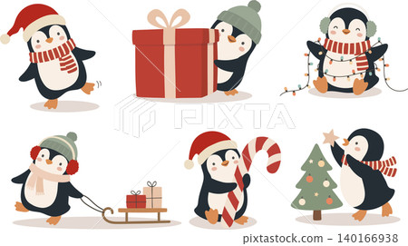 Christmas cartoon penguin collection with gifts, lights, candy cane and tree. Cute festive winter character set illustration 140166938
