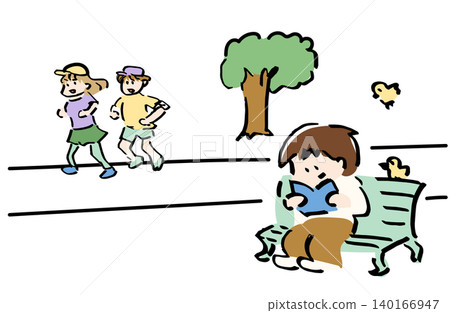 公園裡兩個人邊看書邊跑步的插圖 | 兩人在休息日於公園裡形成鮮明對比的圖片 140166947