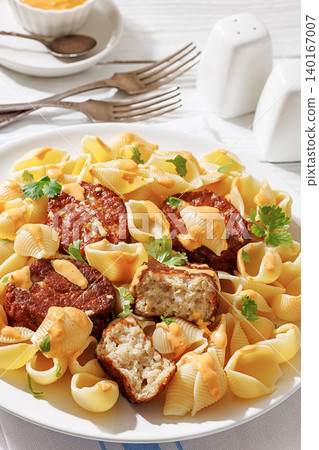 Shell Pasta And Meat Patties on a Plate 140167007