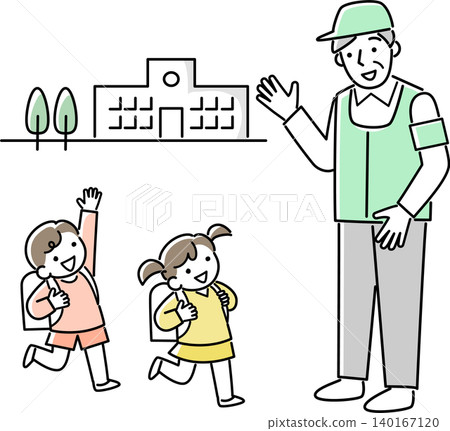 老年男子在小學生上下學途中巡邏。 老年男子在小學生上下學途中巡邏。 140167120