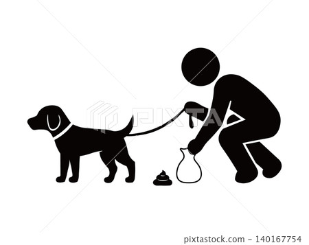 Icon of a dog and its owner defecating during a walk. Icon of a dog and its owner defecating during a walk. 140167754