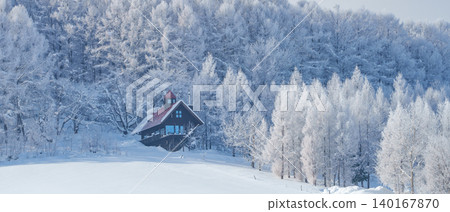 美瑛與富良野:寒冷的清晨,覆蓋著霜雪的森林和雪景。 美瑛與富良野:寒冷的清晨,覆蓋著霜雪的森林和雪景。 140167870