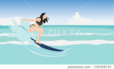 Illustration of a woman surfing on rough waves Illustration of a woman surfing on rough waves 140168316