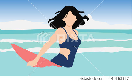 Illustration of a woman surfing on rough waves 140168317