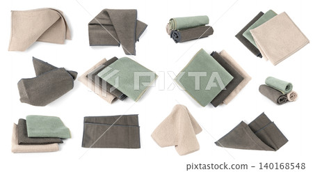 Cleaning cloth isolated, beige, grey, green wipe rag, cleaning microfiber towel, wiping cotton Cleaning cloth isolated, beige, grey, green wipe rag, cleaning microfiber towel, wiping cotton 140168548