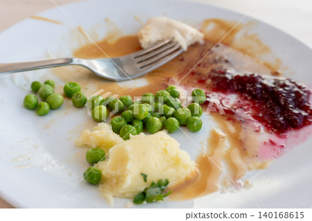 Food Leftovers, Unfinished Meal on Dirty Plate Closeup Food Leftovers, Unfinished Meal on Dirty Plate Closeup 140168615