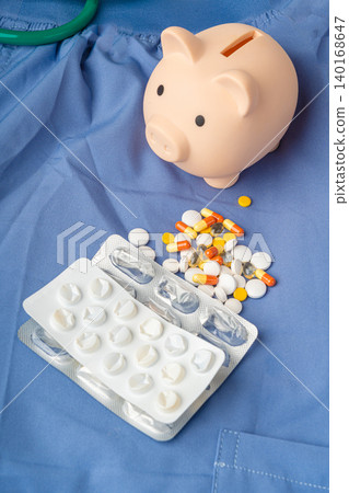 Piggy bank and pills, medical insurance concept Piggy bank and pills, medical insurance concept 140168647