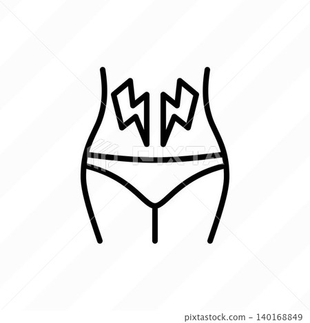 Uterus pain thin line icon. Woman touches her stomach. Menstruation pain. Vector illustration. Uterus pain thin line icon. Woman touches her stomach. Menstruation pain. Vector illustration. 140168849