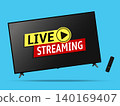 Live streaming smart tv levitation on blue background with remote control 140169407